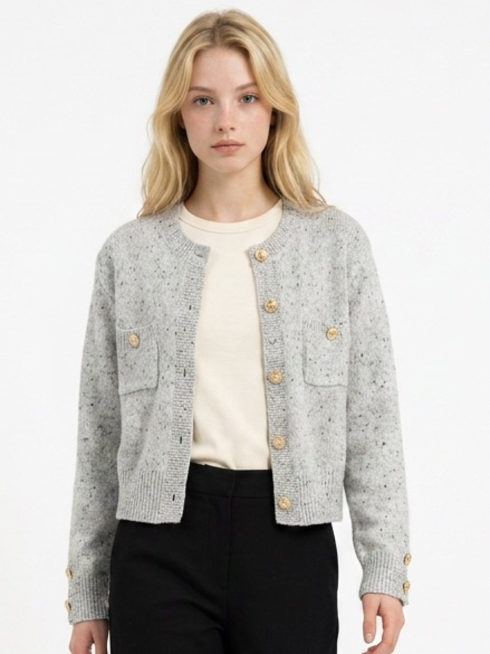 Speckled Light Gray Button-Front Cardigan with Patch Pockets